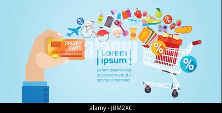 Hands Holding Credit Card Discount Tag Sale Online Shopping Special Offer Banner Stock Vector