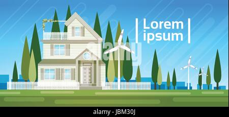 House Building With Wind Turbine Eco Real Estate Energy Efficient Stock Vector