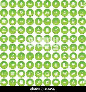 100 farming icons set green circle Stock Vector
