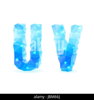 Shiny blue polygonal font. Crystal style U and V letters Stock Photo