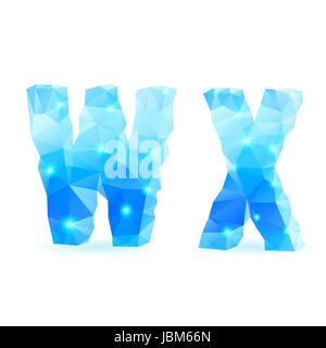 Shiny blue polygonal font. Crystal style W and X letters Stock Photo