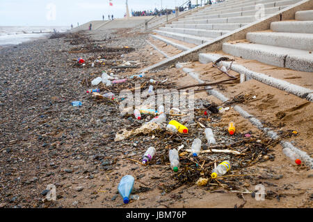 Plastic tide storm litter, trash, rubbish waste Items washed up on Sea shore, Thornton Cleveleys, England, UK Stock Photo