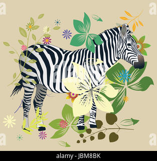 Zebra in the forest. Game drive illustration art Stock Photo