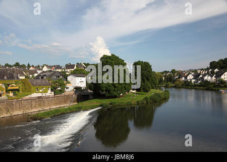 Lahn River in town Runkel in Hesse, Germany Stock Photo