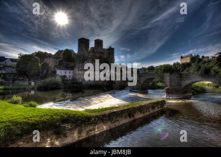 River Lahn and historic town Runkel in Hesse, Germany Stock Photo