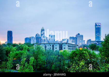 early cloudy morning over charlotte skyline in north carolina Stock Photo