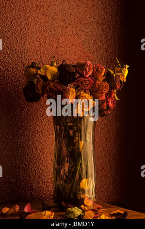 Multicolored roses wilting in glass vase with warm window light Stock Photo
