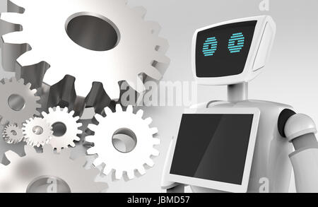 Chat bot , robo advisor , artificial intelligence and future marketing concept. 3d Rendering of automation robot and metal gears with gray background. Stock Photo