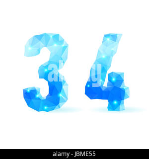 Shiny blue polygonal font. Crystal style numerals three and four Stock Photo