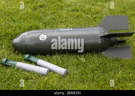 world war 11 reenactment, German B1E Incendiary Bomb and aircraft missile Stock Photo