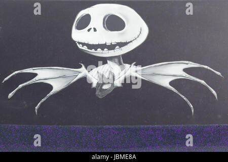 Jack Skellington from a Nightmare before Christmas spray painted on a camper van Stock Photo