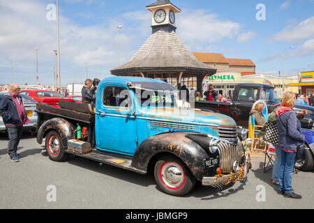 1946 40s blue Chevrolet cab short bed at the Cleveleys Car Show is a yearly event which is staged along Victoria Road West and the Sea front Promenade in Cleveleys Town Centre. Stock Photo