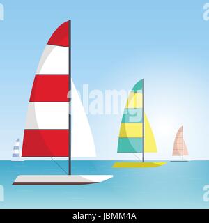 Floating boat Vector illustration Four multi colored sailboats are sailing on the sea Water sports Cartoon style Stock Vector