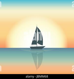 Floating boat Vector illustration Silhouette of a sailing boat floating in the middle of the sea Setting sun on background Cartoon style Stock Vector