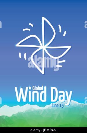 Global Wind Day 2017, June 15. Poster with pinwheel, symbol of wind industry. Vector sketchy vertical card, mountain abstract background Stock Vector