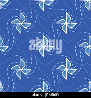 Global Wind Day 2017, June 15. Seamless pattern with pinwheel, symbol of wind farm. Vector sketchy tileable background, blue and white Stock Vector