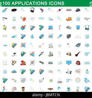 100 applications icons set, cartoon style Stock Vector