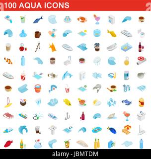 100 aqua icons set, isometric 3d style Stock Vector