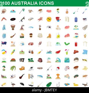 100 australia icons set, cartoon style Stock Vector