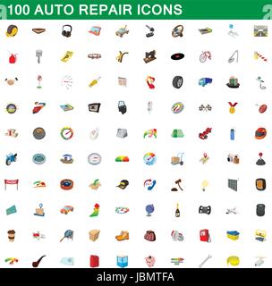 100 auto repair icons set, cartoon style Stock Vector