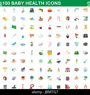 100 baby health icons set, cartoon style Stock Vector