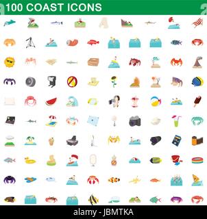 100 coast icons set, cartoon style Stock Vector
