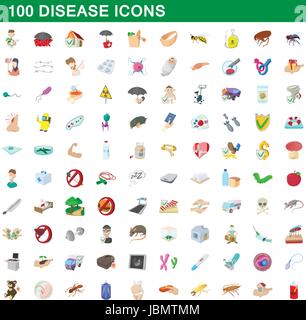 100 disease icons set, cartoon style Stock Vector