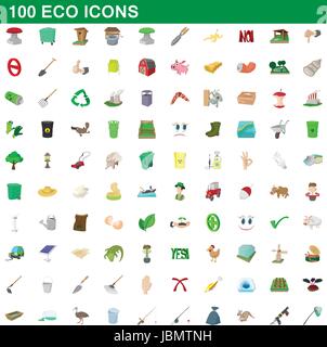 100 eco icons set, cartoon style Stock Vector
