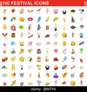 100 festival icons set, isometric 3d style Stock Vector