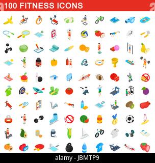 100 fitness icons set, isometric 3d style Stock Vector