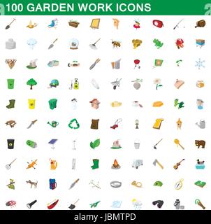 100 garden work icons set, cartoon style Stock Vector