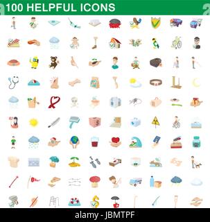 100 helpful icons set, cartoon style Stock Vector