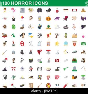 100 horror icons set, cartoon style Stock Vector