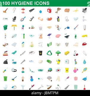 100 hygiene icons set, cartoon style Stock Vector