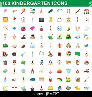 100 kindergarten icons set, cartoon style Stock Vector