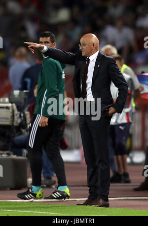 Serbia manager Slavoljub Muslin gestures on the touchline during the 2018 FIFA World Cup Qualifying, Group D match at the Rajko Mitic Stadium, Belgrade. Stock Photo