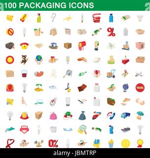 100 packaging icons set, cartoon style Stock Vector