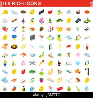100 rich icons set, isometric 3d style Stock Vector