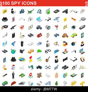 100 spy icons set, isometric 3d style Stock Vector
