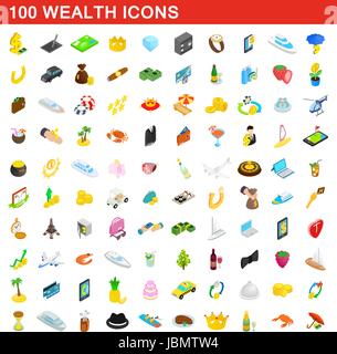 100 wealth icons set, isometric 3d style Stock Vector