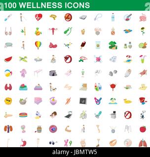 100 wellness icons set, cartoon style Stock Vector