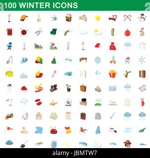 100 winter icons set, cartoon style Stock Vector