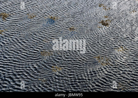 Fan-shaped ripple patterns intersecting on the sea formed from wind blowing over an area with seaweed at its surface, almost fibronnaci like. Stock Photo