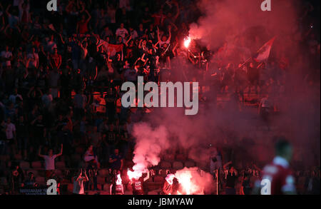 Serbia fans let off flares in the stands during the 2018 FIFA World Cup Qualifying, Group D match at the Rajko Mitic Stadium, Belgrade. Stock Photo