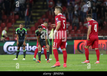 Serbia's  and Wales' Joe Ledley (centre left) stands dejected during the 2018 FIFA World Cup Qualifying, Group D match at the Rajko Mitic Stadium, Belgrade. PRESS ASSOCIATION Photo. Picture date: Sunday June 11, 2017. See PA story SOCCER Serbia. Photo credit should read: Simon Cooper/PA Wire. RESTRICTIONS: Editorial use only, No commercial use without prior permission. Stock Photo