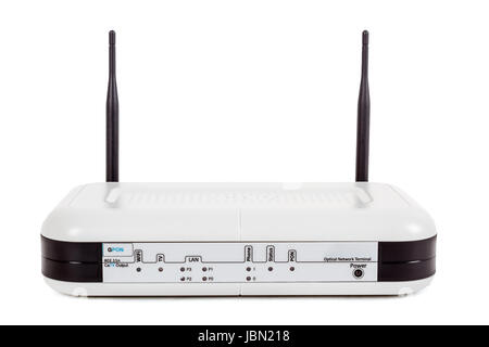 Passive Optical network, End user fiber optic GPON terminal with wifi and catv connection Stock Photo