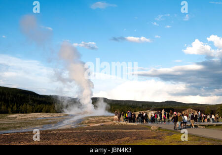 Vistors watch the Old faithful geyser erupt in Yellowstone national park, Wyoming, USA. Stock Photo