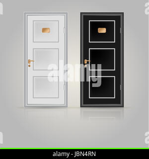 Black and white doors with golden doorplate and handle. Two vector illustrations on white. Stock Photo