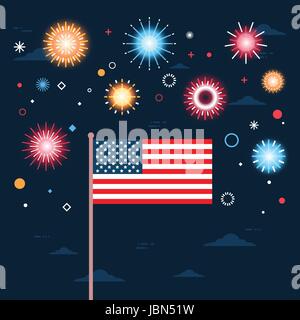United States Flag Over Fireworks Background Independence Day Holiday 4 July Banner Stock Vector