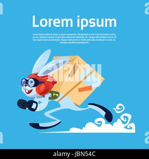 Cartoon Rabbit Running Carry Boxes Fast Delivery Service Banner With Copy Space Stock Vector